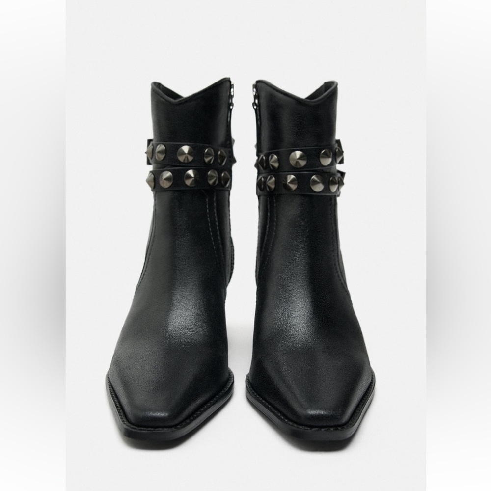 NWT Zara LEATHER STRAP COWBOY ANKLE BOOTS - Picture 4 of 10